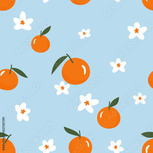 Seamless pattern of orange fruit with green leaves and white flower on blue background vector. Cute fruit print. 