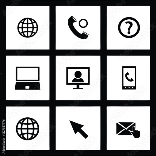 A collection of nine simple, black and white communication icons.
