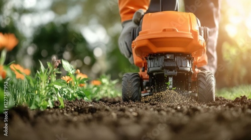 Gardener Using Seed Spreader to Evenly Distribute Seeds in Garden