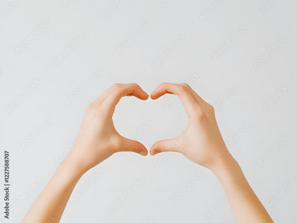 Fototapeta premium Hands forming a heart shape, backlit for a soft silhouette effect against a white background