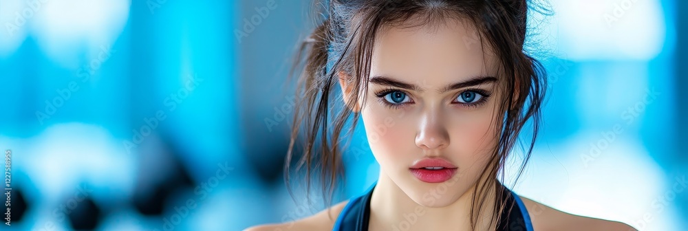 Fototapeta premium Fitness Beauty: A Young Woman at the Gym - Health, strength, beauty, determination, and fitness goals symbolized in a young woman's determined gaze at the gym.