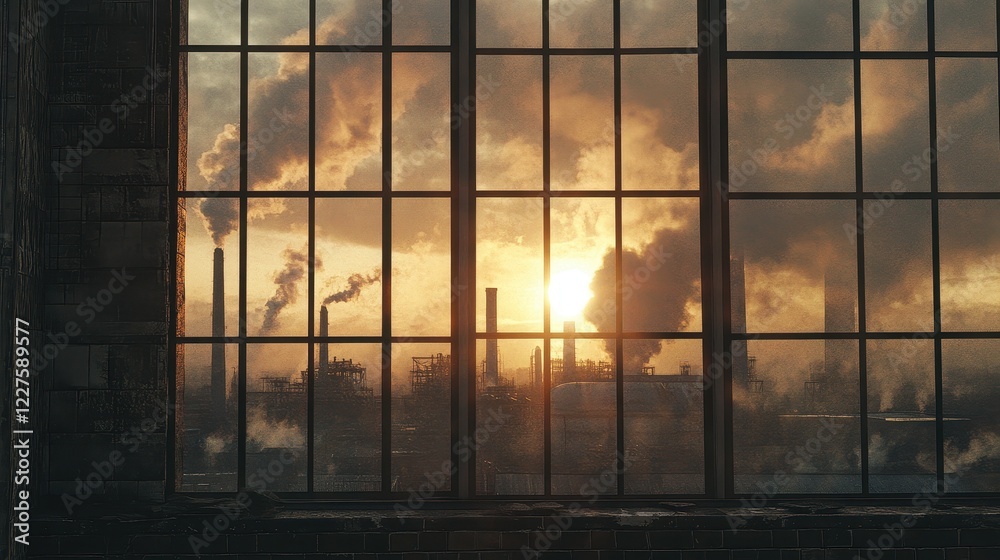 Window view of the factory emits toxic smoke that shines in the sun. Window view of the factory emits toxic smoke that shines in the sun.