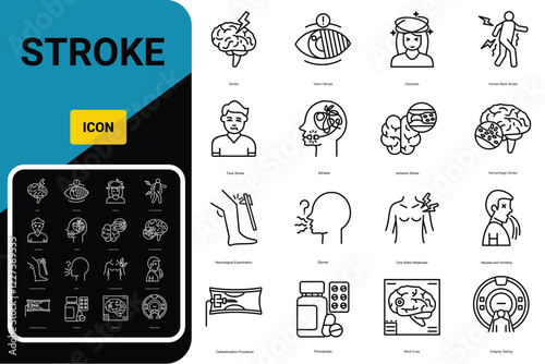 Stroke symptoms, diagnostic and treatment vector icons. Line editable medical icons