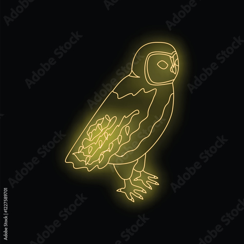 Neon yellow line art owl standing on a branch and looking right