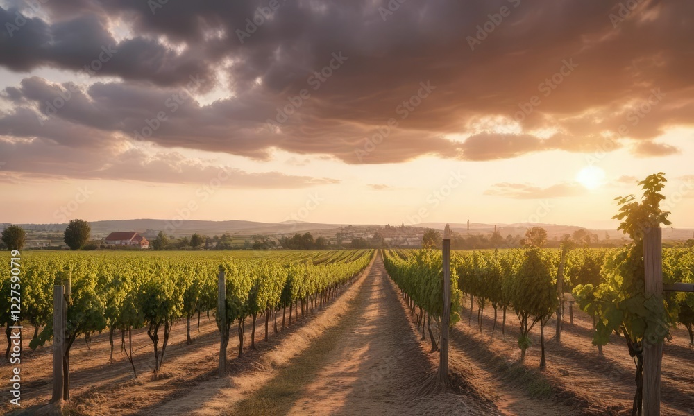 Fototapeta premium Soft focus image of a vineyard near Vienna at sunrise with overcast clouds and warm tones, warmth, cloud cover, vienna