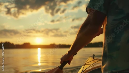 Kayaking at sunset: man paddling on calm water, the sun is setting over the horizon. Ideal for tourism and sports projects.
