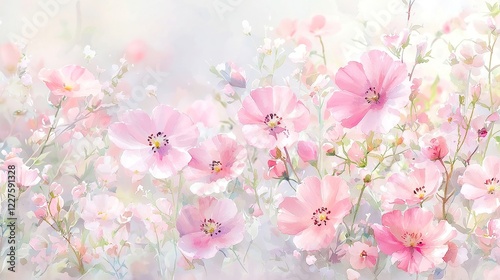 Blushing Blooms, delicate pink wildflowers illuminated by soft morning light, hand-painted watercolor perfect for summer decor and stationery designs.