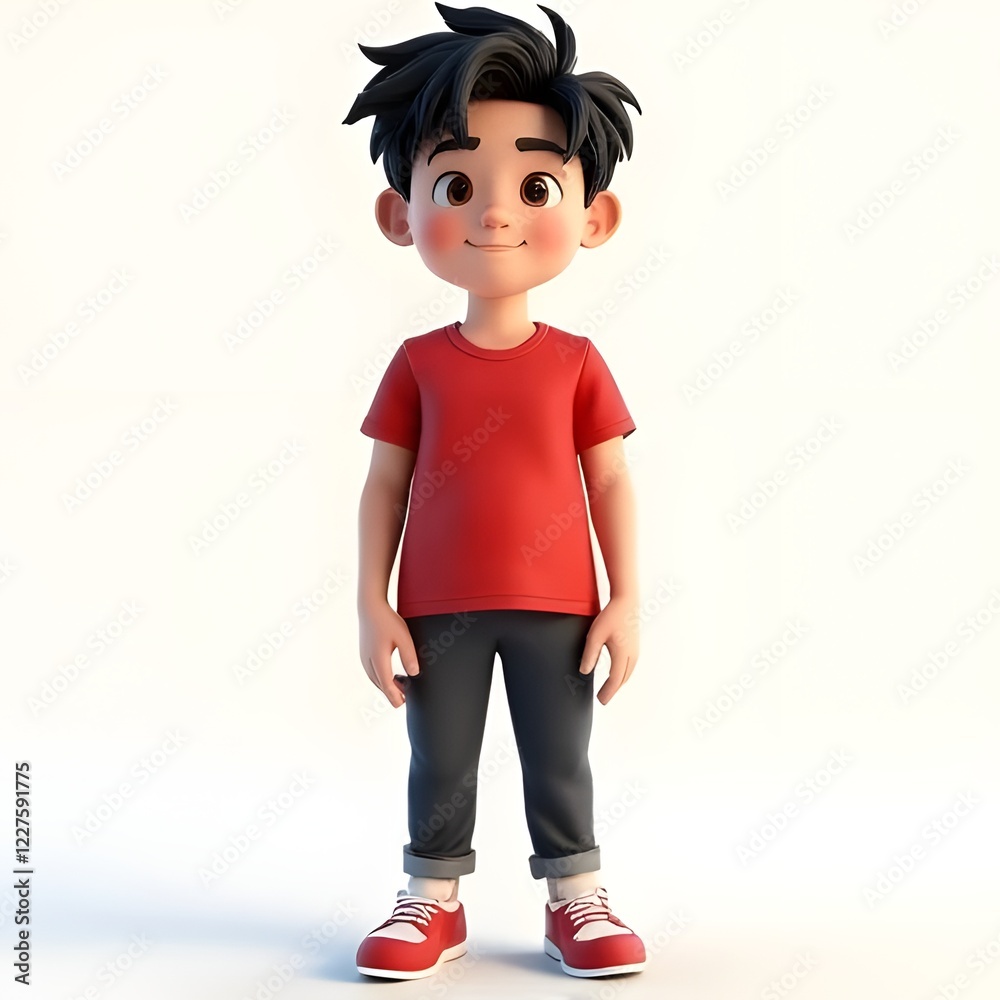 Cheerful Young Boy in Casual Clothing Standing on White Background Cheerful Young Boy in Casual Clothing Standing on White Background