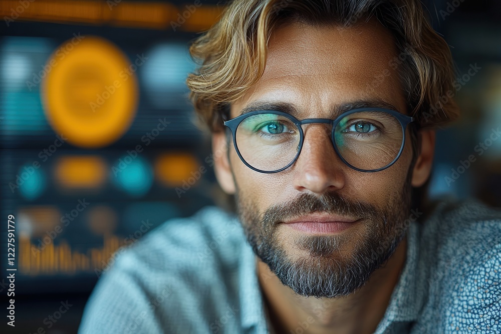 Graphic layouts for advertising featuring a focused man with glasses in a modern workspace