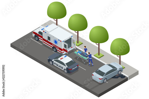 Isometric Car crash, Paramedics assist a patient on a stretcher beside an ambulance and police car. The scene is set on a road with trees, emphasizing emergency response in urban areas