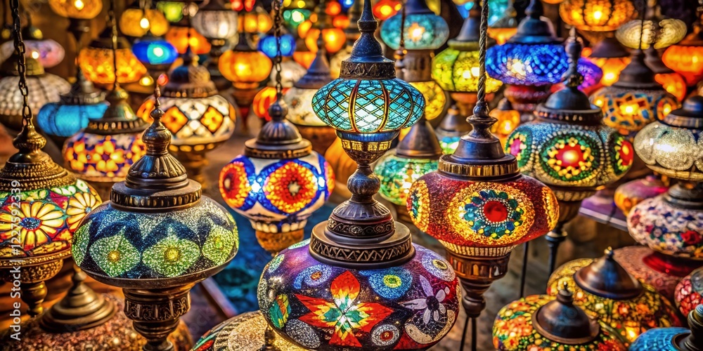 Aerial View of Colorful Folk Art Lamps Displayed Outdoors, Festival Decoration Aerial View of Colorful Folk Art Lamps Displayed Outdoors, Festival Decoration