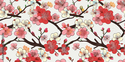 A seamless floral design featuring vivid red, yellow, and white blossoms with intricate branches on a soft, neutral background, perfect for decorative and artistic applications.