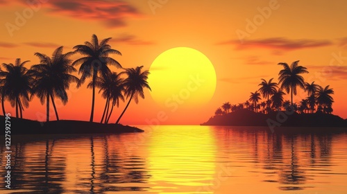 Tropical sunset scene with silhouettes of palm trees and a bright golden sun over a calm ocean