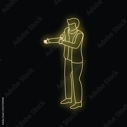 Neon sign of a showman speaking with microphone, with his hand up