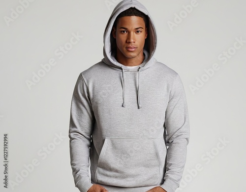 A young African American man wearing a casual gray hoodie, exuding confidence and style.