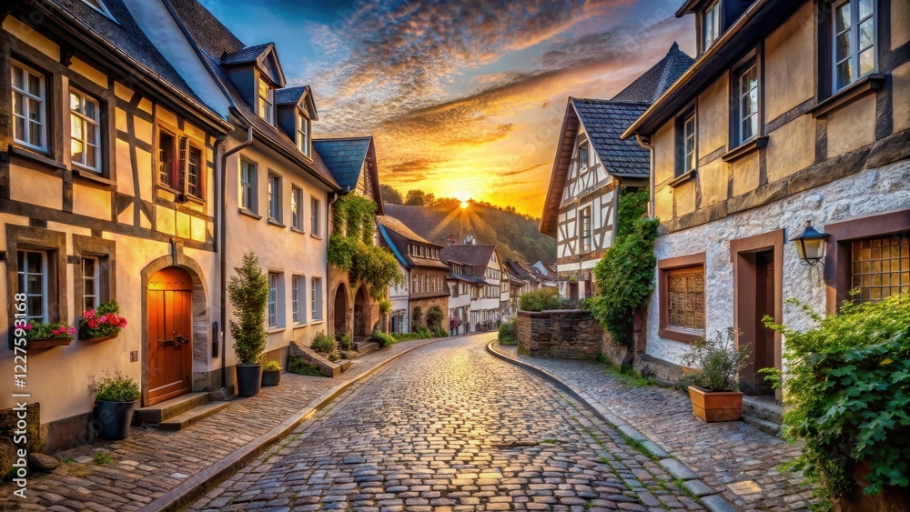 Naklejka premium Ancient cobblestone street in historic old town Ahrweiler at sunset, Ahr Valley