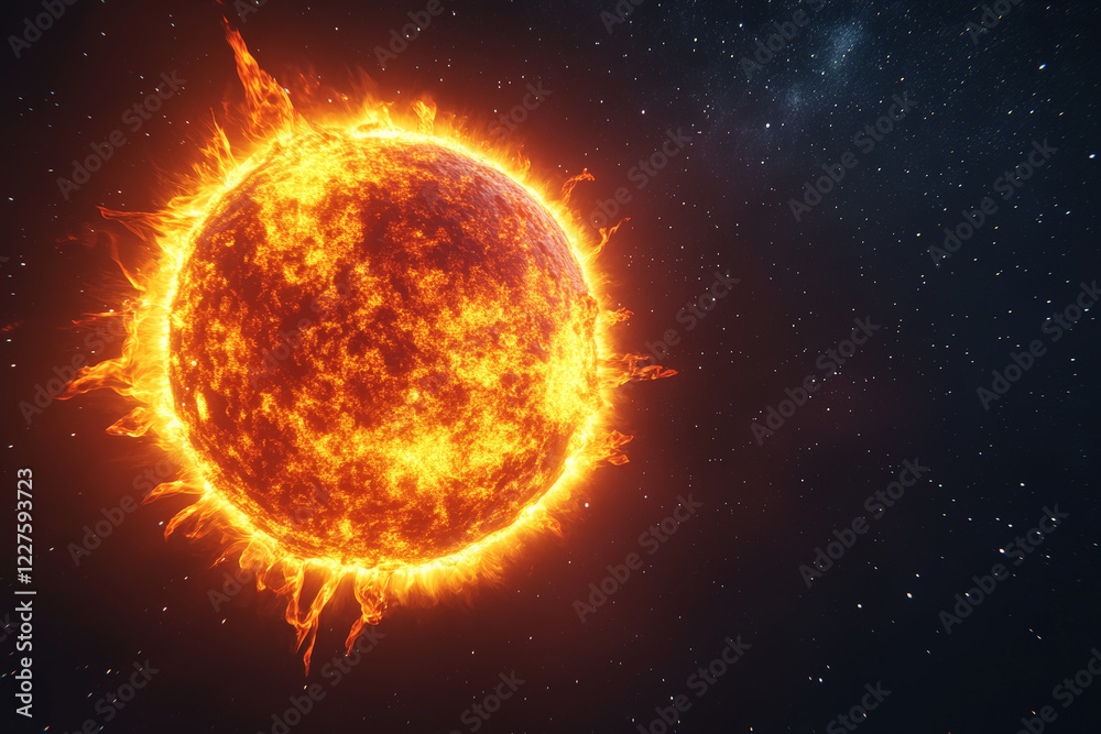 Obraz premium Illustration of a sun with glowing corona on a black space background with stars, cosmic image