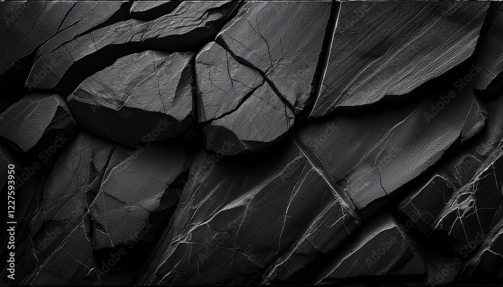 Volumetric rock texture with cracks. Black stone background with copy space for design. Wide banner.
Volumetric rock texture with cracks. Black stone background with copy space for design. Wide banner.