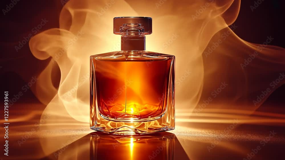Elegant amber fragrance bottle surrounded by soft glowing smoke
