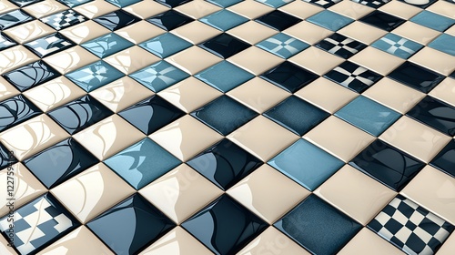 Glossy Tile Pattern in Beige Blue and Black photo