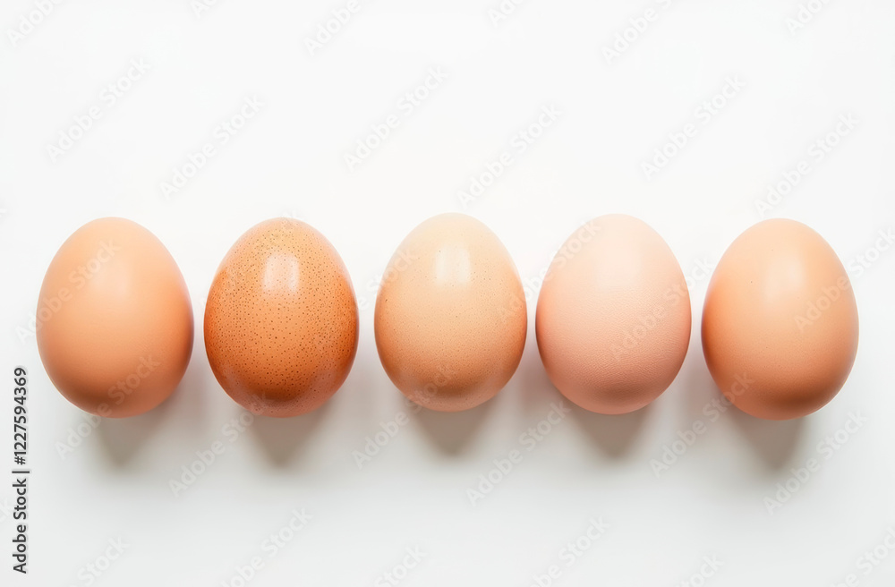 Chicken eggs in a row on a white background with copy space and place for text. Easter banner or food theme