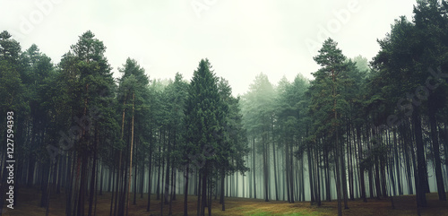 Misty landscape with mountains and dark moody fir forest in hipster vintage r...