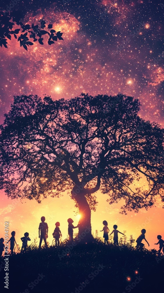 Fototapeta premium Children gather under a large tree at sunset, starlit night sky background; fantasy illustration
