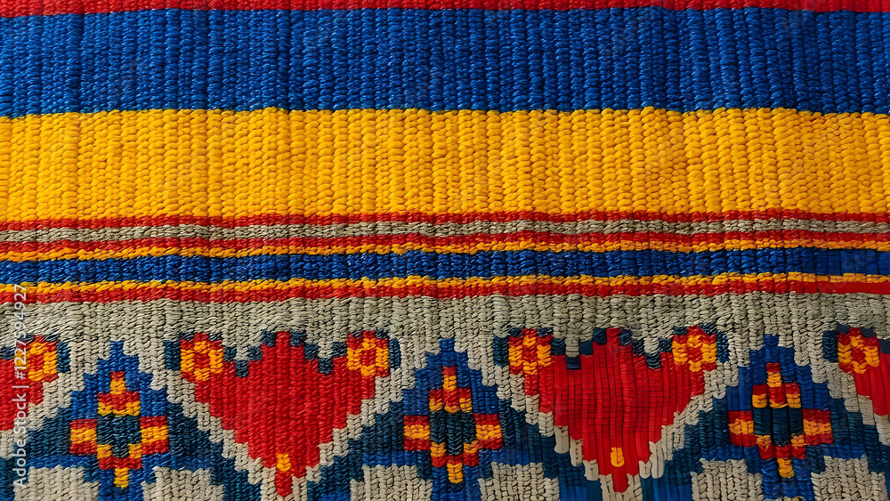 Obraz premium A close-up of a woven textile with vibrant bands of color and intricate geometric patterns, showcasing traditional craftsmanship and design.