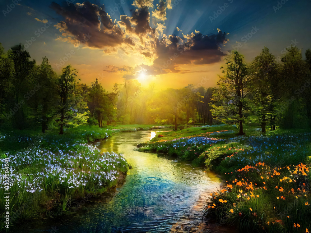 Obraz premium Magical Spring Sunset by the Stream