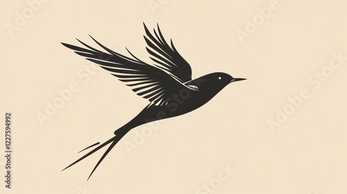 Black silhouette of a bird in flight with outstretched wings on a neutral background. Generative AI photo