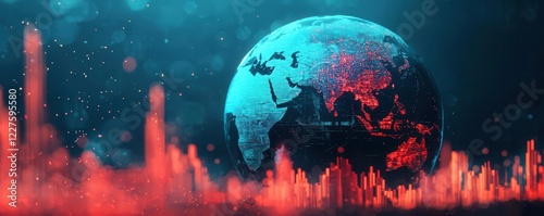 Economic risk uncertainty impact concept. Fragmented planet Earth surrounded by crashing stock graphs, global economic risk, worldwide uncertainty