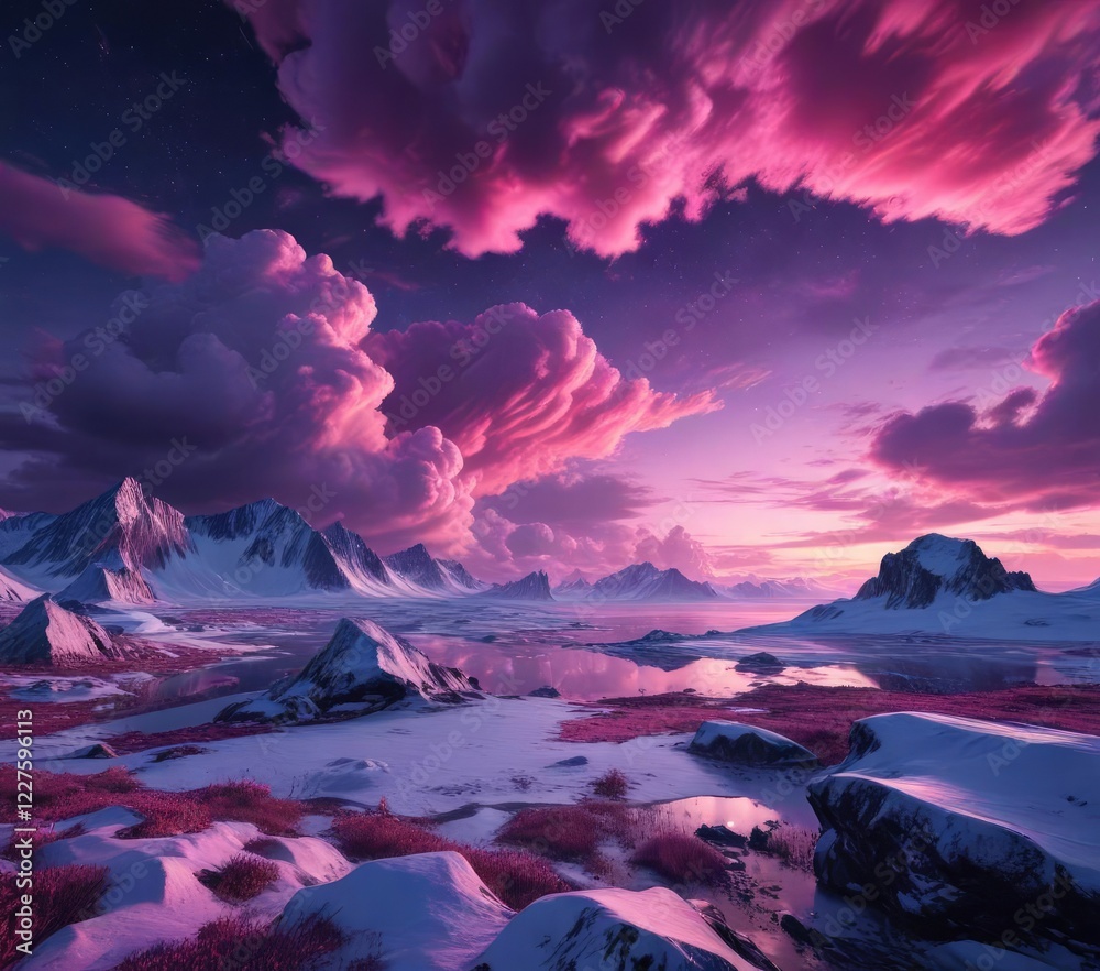 Fototapeta premium Glowing clouds of pink and purple illuminate the dark Arctic night , northern lights, purple glow, pink glow