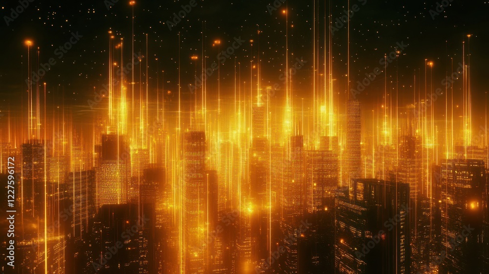 Fototapeta premium Golden city lights, futuristic cityscape, night, energy beams, tech background