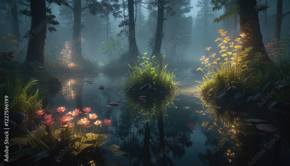 Obraz premium Glowing aquatic plants in a misty forest pond , plants, blue, aquatic