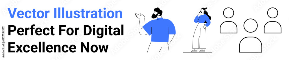 Casual figures in conversation and contemplation, alongside team outlines, symbolizing communication, teamwork, innovation, and problem-solving. Ideal for collaboration, creativity, marketing