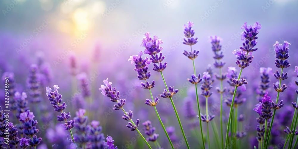 Fototapeta premium Velvety lavender blooms on a hazy, misty morning, garden, blurred background, garden, blurred background