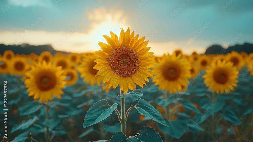 Fototapeta premium Vibrant Sunflower Field at Dawn with Cotton Candy Sky and Blooming Petals