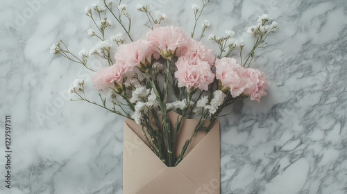Elegant Pink Roses and Baby's Breath in Envelope on Marble Surface