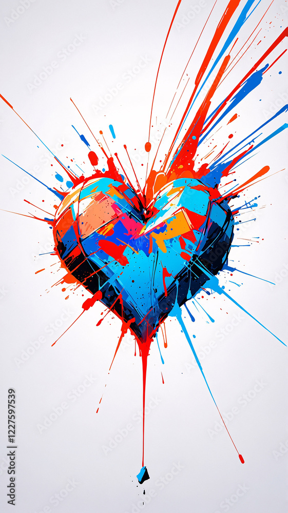 Obraz premium Beautiful Abstract Love Painting Featuring Bold Red and Blue Splashes of Color heart shaped illustration retro wallpaper