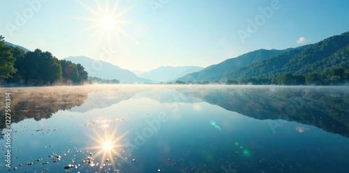 Dewy lake surface reflected blue sky early morning calm, tranquil lake, clear sky