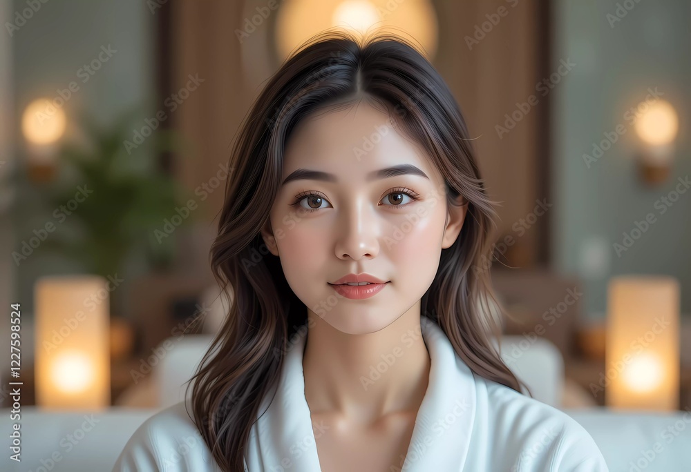 authentic portrait of smiling asian woman 30 years old in white bathrobe at hotel room, spa, vacation authentic portrait of smiling asian woman 30 years old in white bathrobe at hotel room, spa, vacation