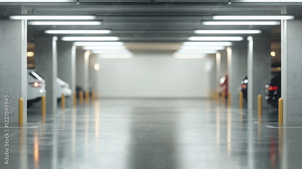 Obraz premium Illuminated underground parking area with polished concrete floor, minimal vehicles highlighting clean architectural design and spacious interior atmosphere