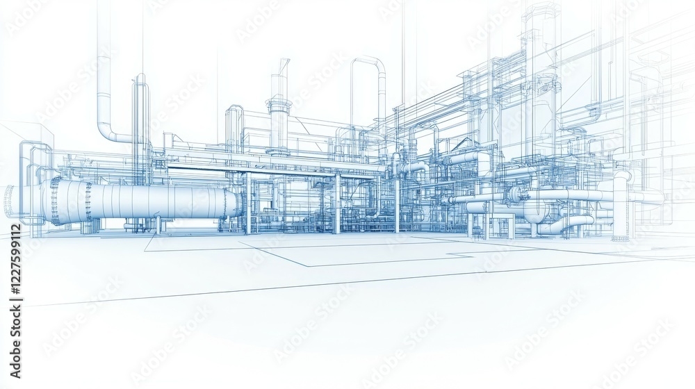A technical blueprint of an industrial facility showcasing pipes and machinery layout. A technical blueprint of an industrial facility showcasing pipes and machinery layout.