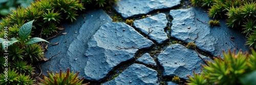 Blue grey slate with patches of moss and ferns, blue grey, slate photo