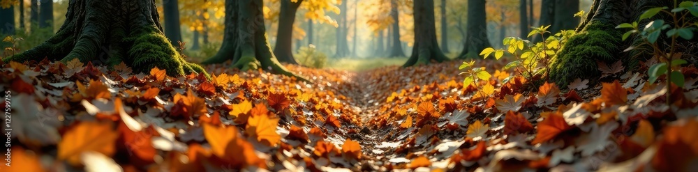 A forest floor covered in a thick layer of fallen leaves, leaf litter, forest ambiance A forest floor covered in a thick layer of fallen leaves, leaf litter, forest ambiance