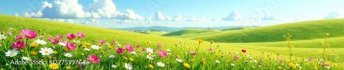 A field of Forget Me Nots in the distance, with a few wispy clouds in the sky, rolling hills, field