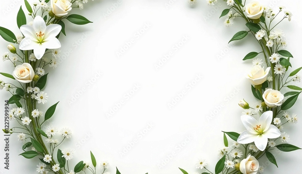 Fototapeta premium circular wedding flower frame on white background. Copy space, background for wedding invitation. Generate AI