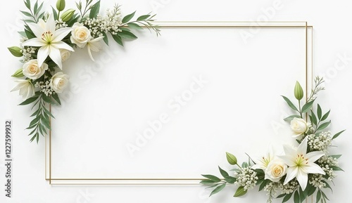 wedding flower frame on white background. Copy space, background for wedding invitation. Generate AI