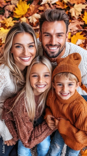 Happy family autumn leaves portrait, smiling, fall foliage background, perfect for seasonal greeting cards photo