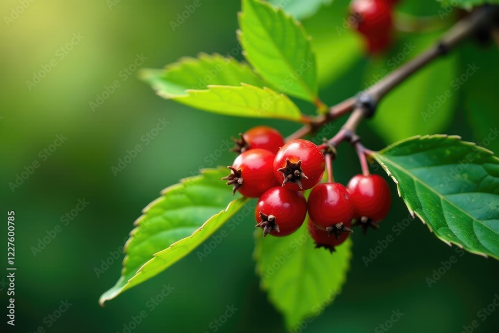 Green leaves and bright red berries on a stem, tree, leaves, plant Green leaves and bright red berries on a stem, tree, leaves, plant